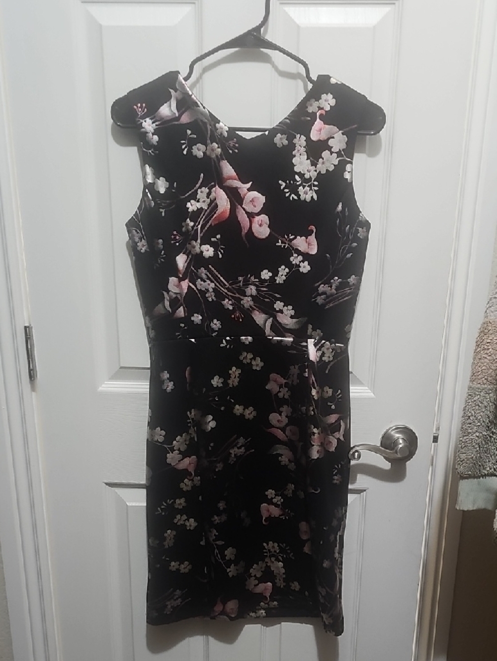 Black Floral Midi Dress with Pink Blossom Accents